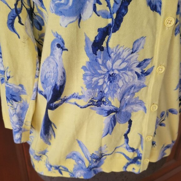 Talbots Womens Floral & Bird Print Cardigan Yellow & Blue Size S - Picture 2 of 7